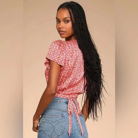 Lulus Red Multi Print Satin Short Sleeve Wrap Top - Picture 4 of 12